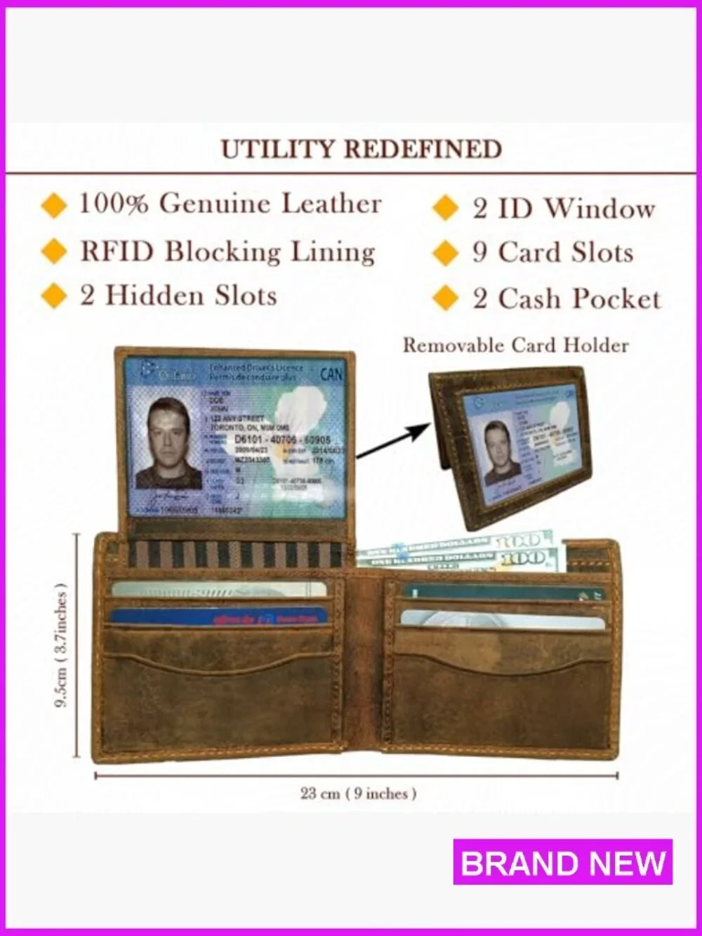 Men's Bifold Leather Wallet RFID Protection Vintage Tan Eagle Flag Design
